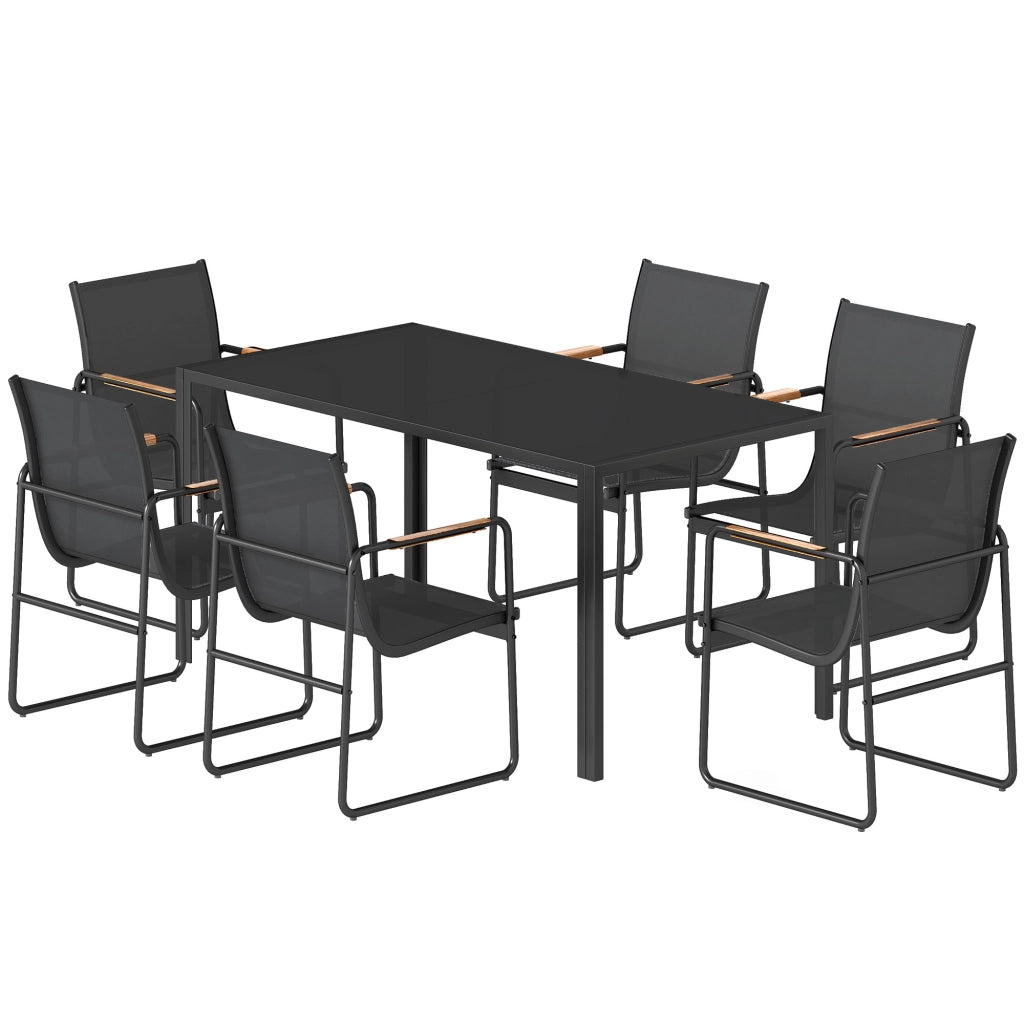 Set Pranzo Giardino 7 Pezzi 6 Persone ¨C Xylo ¨C Tavolo Vetro Sedie Acciaio Nero