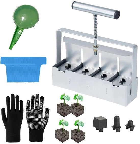 Blocco di terra manuale, blocco di terra manuale 5 * 5CM, set di blocchi di terra micro 4 pezzi, blocco di terra manuale quad con aiuto semina, guanti, etichetta per piante da esterno
