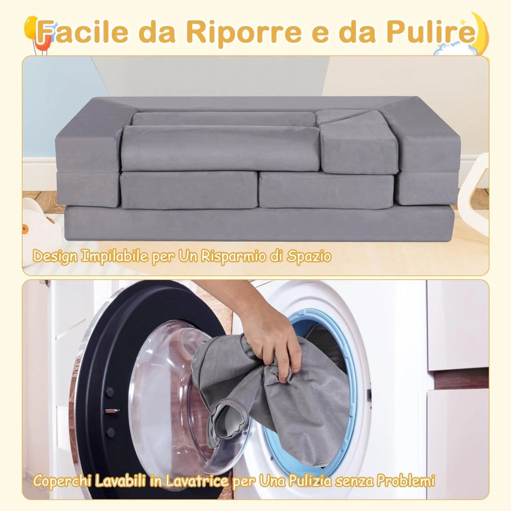 Divano Modulare per Bambini, 9 Pezzi, Divano Letto per Bambini in Schiuma con Tessuto Suede, Coperture Lavabili, Divano Convertibile per Stanze da Gioco, Camere da Letto, Soggiorno (Grigio)