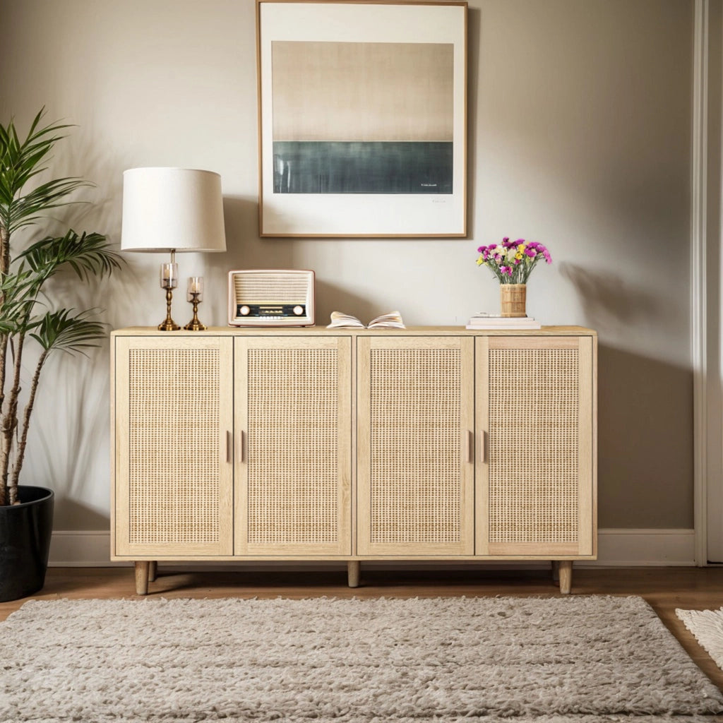 Credenza alta con 4 ante e ripiano regolabile per soggiorno in truciolare 158 x 40 x 88 cm naturale