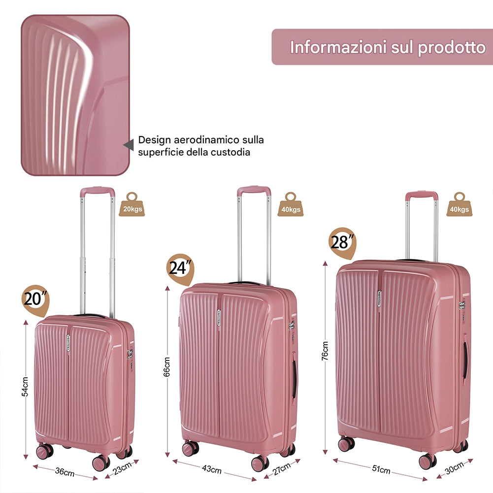 Set 3 Valigie Rigide 90-59-38L Ruote Easy Roll e Manico Telescopico in ABS Rosa