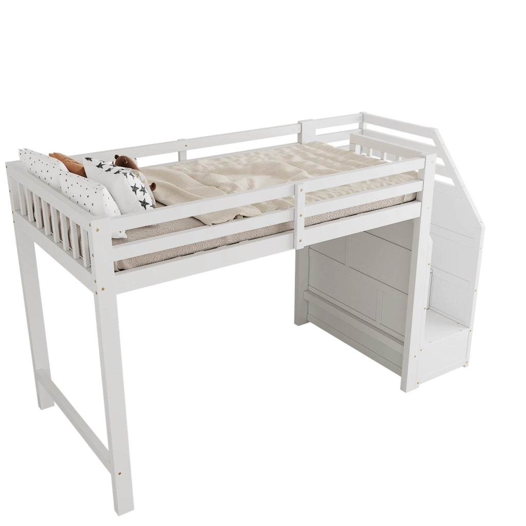Hochbett per bambini 90x200 cm, in legno di pino, con sponde di protezione, scala con contenitore, rete a doghe, bianco