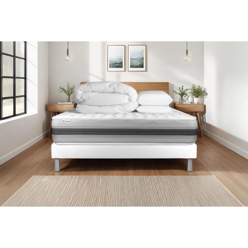 Pacchetto letto completo - Materasso 140x190cm + Box spring con doghe (in kit) + 2 guanciali + Piumino - Vitalspring Recover