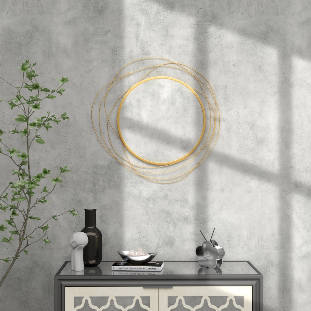 Specchio Moderno e Rotondo Decorativo a Muro con Ganci, in Vetro e Metallo, ?65x1 cm, Oro