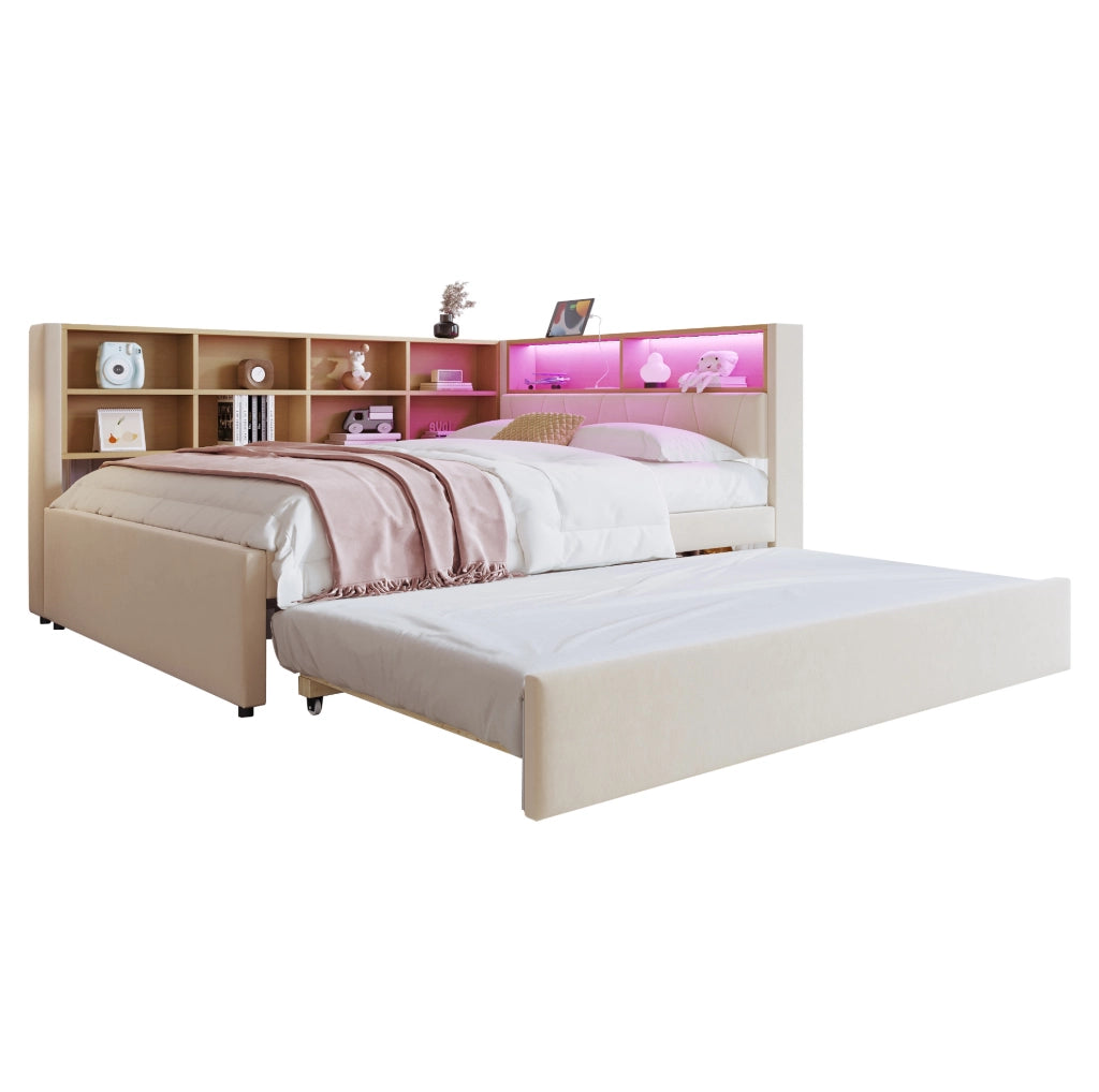 Divano letto multifunzione con letto estraibile, LED, prese integrate e vani portaoggetti