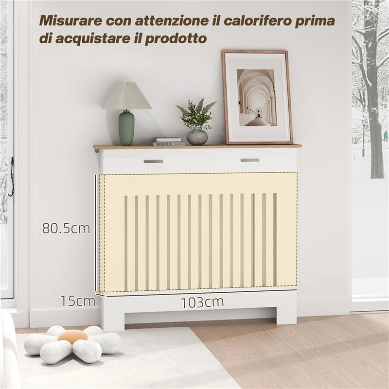 COPRITERMOSIFONE A DOGHE ANTIRIBALTAMENTO CON CASSETTO PORTAOGGETTI IN LEGNO 112X19X97 CM BIANCO