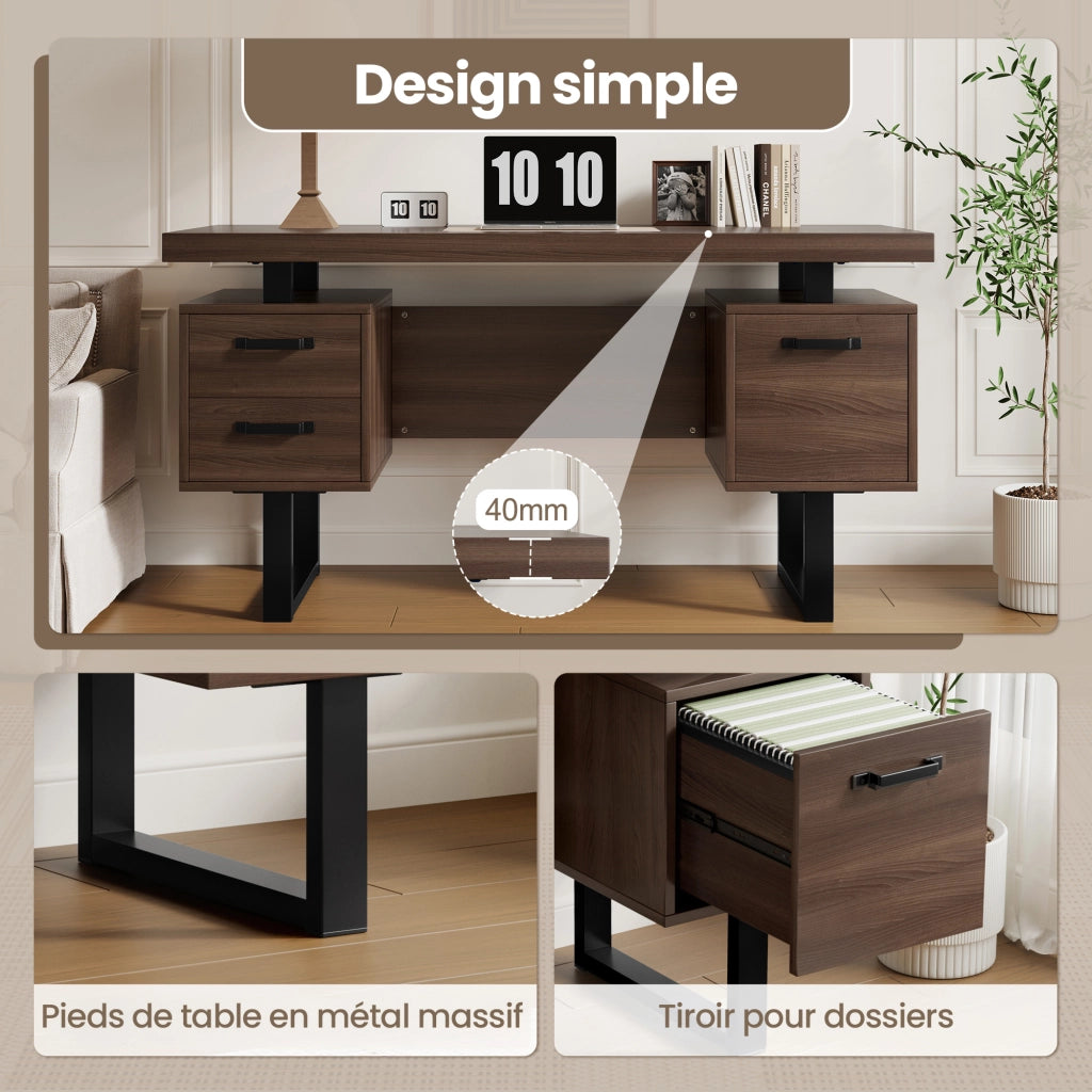 Scrivania lineare con 2 cassetti e vano portadocumenti; per ufficio; 135×54×76 cm; in MDF e metallo; marrone