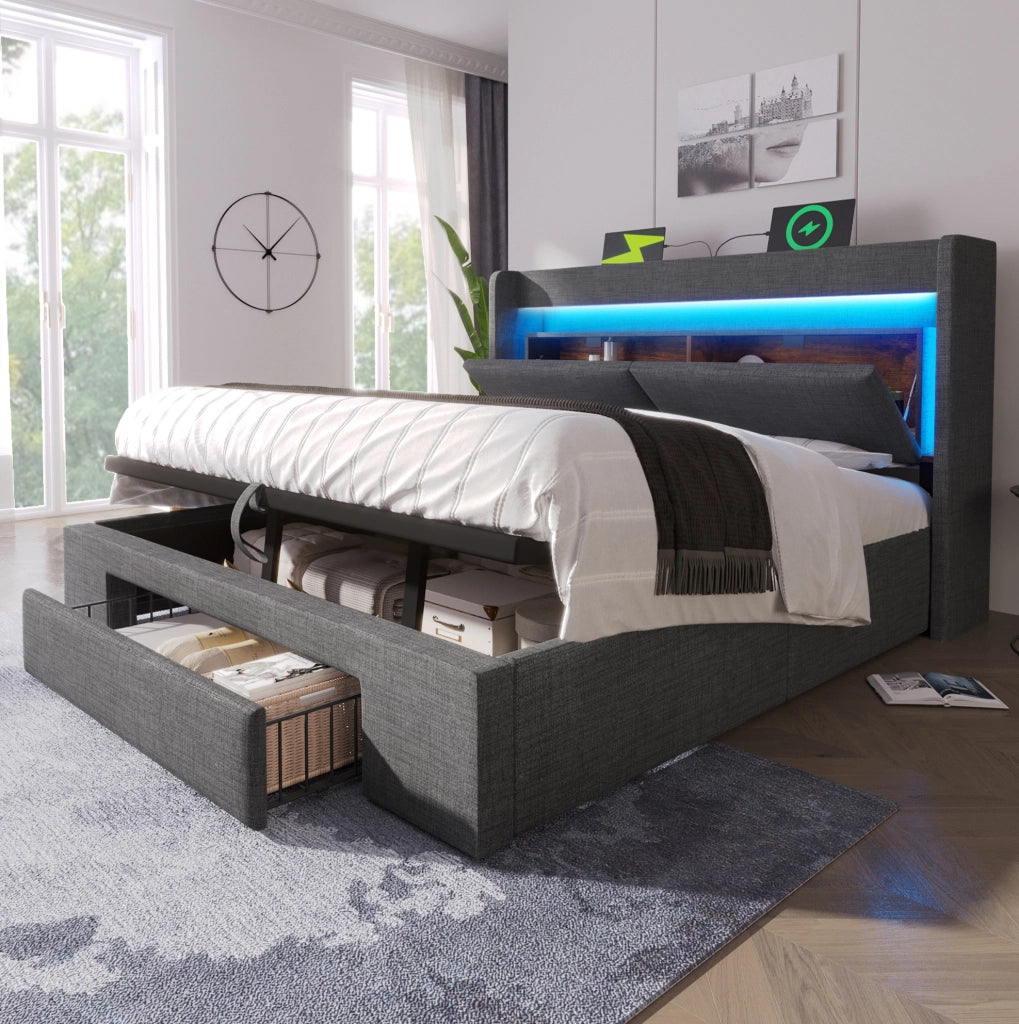 Letto matrimoniale 140x200 cm con contenitore idraulico; LED; prese USB e USB-C; grigio in lino; con materasso