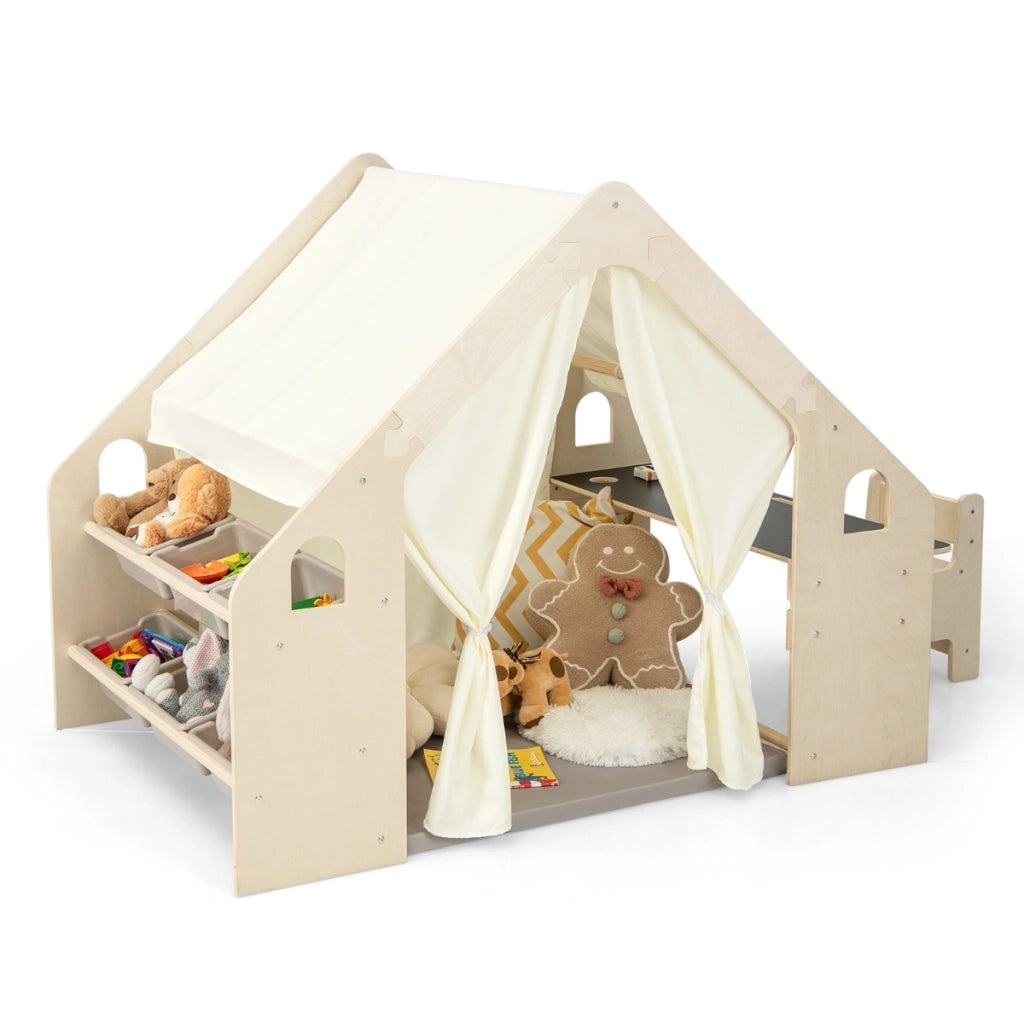 Tenda da gioco per bambini 6-in-1 in legno per interni con lavagna scrivania sedia, Casetta da gioco con tende Beige-Tende e Casette per bambini