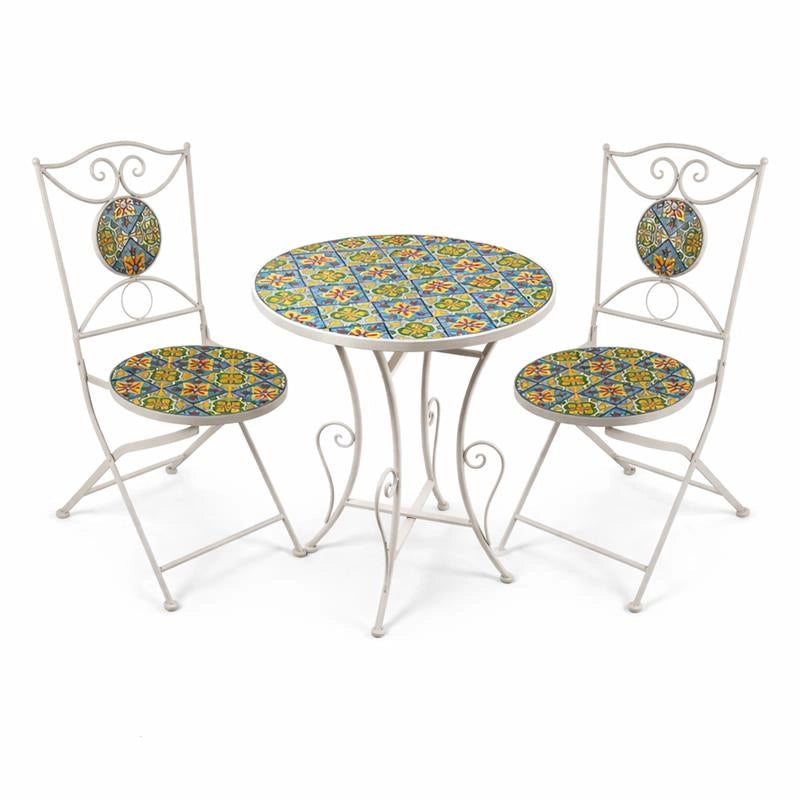 MA MAISON SET TAVOLO E 2 SEDIE PIEGHEVOLI DA GIARDINO IN METALLO CON MOSAICO SET 3 PEZZI
