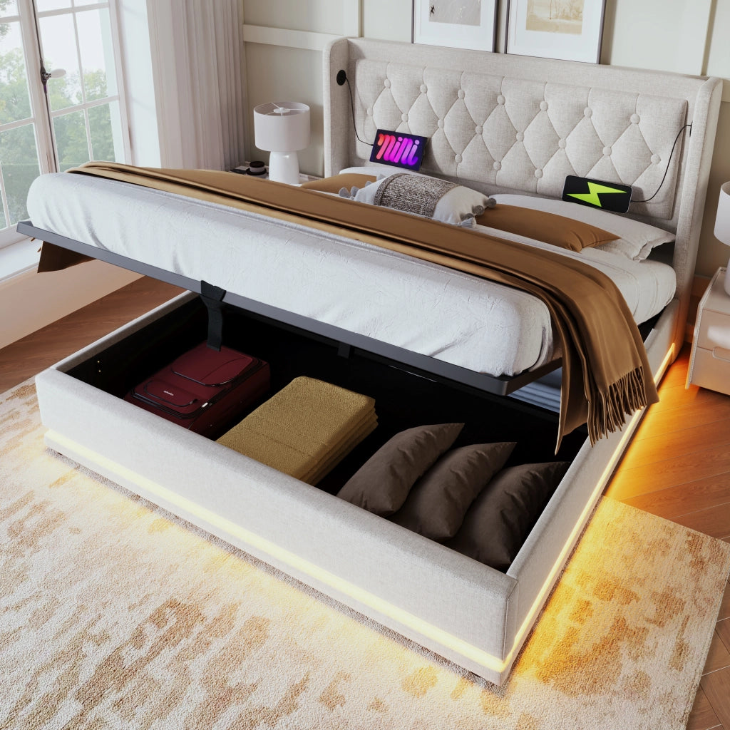 LETTO Contenitore 140x200 cm Cotone Beige con USB Type-C e LED