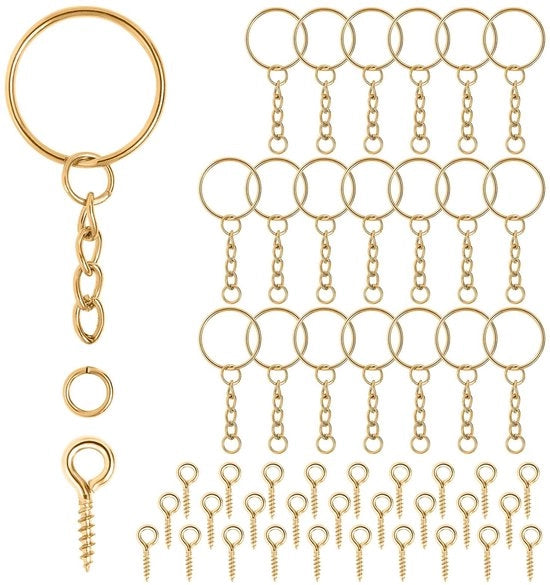 Impugnatura per chiave a 86 pezzi - Impugnature per chiave con catena - Viti a occhi - Diametro 25 mm - Lunghezza della catena 27 mm - Colore dorato - Impugnatura per chiave