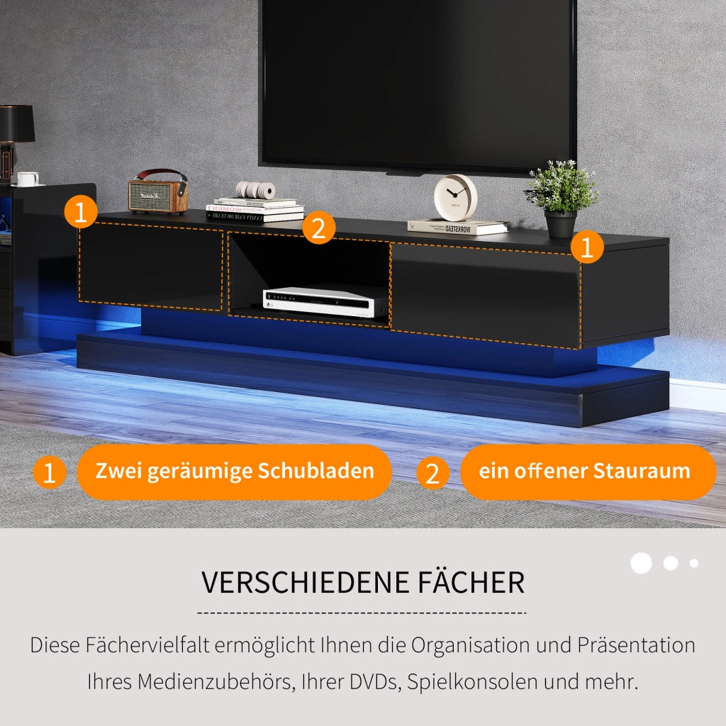 Mobile porta TV nero lucido con LED da app, 2 cassetti, passacavi e design anti-ribaltamento 160 × 35 × 40,5 cm