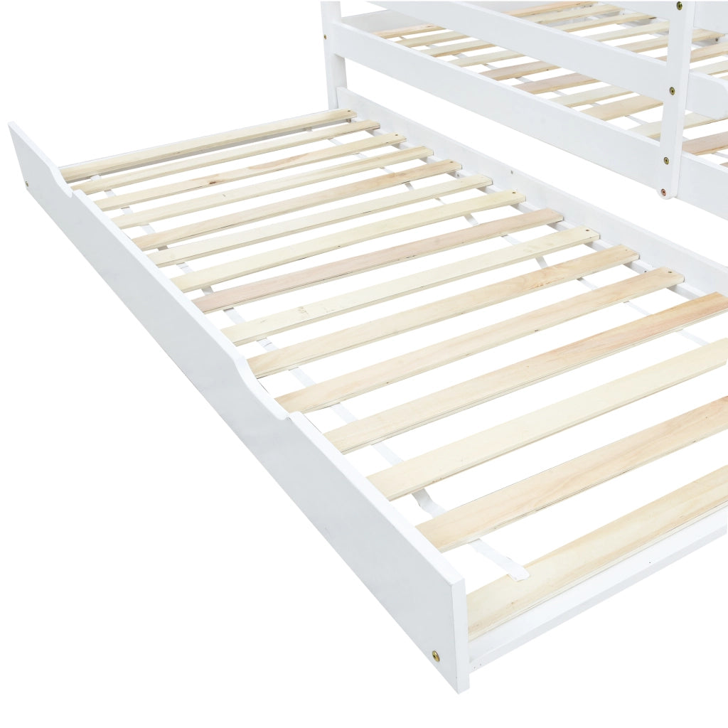Letto a casetta bambino 90×200 cm con letto estraibile; sponde di sicurezza; senza materasso; in legno massello; bianco e naturale
