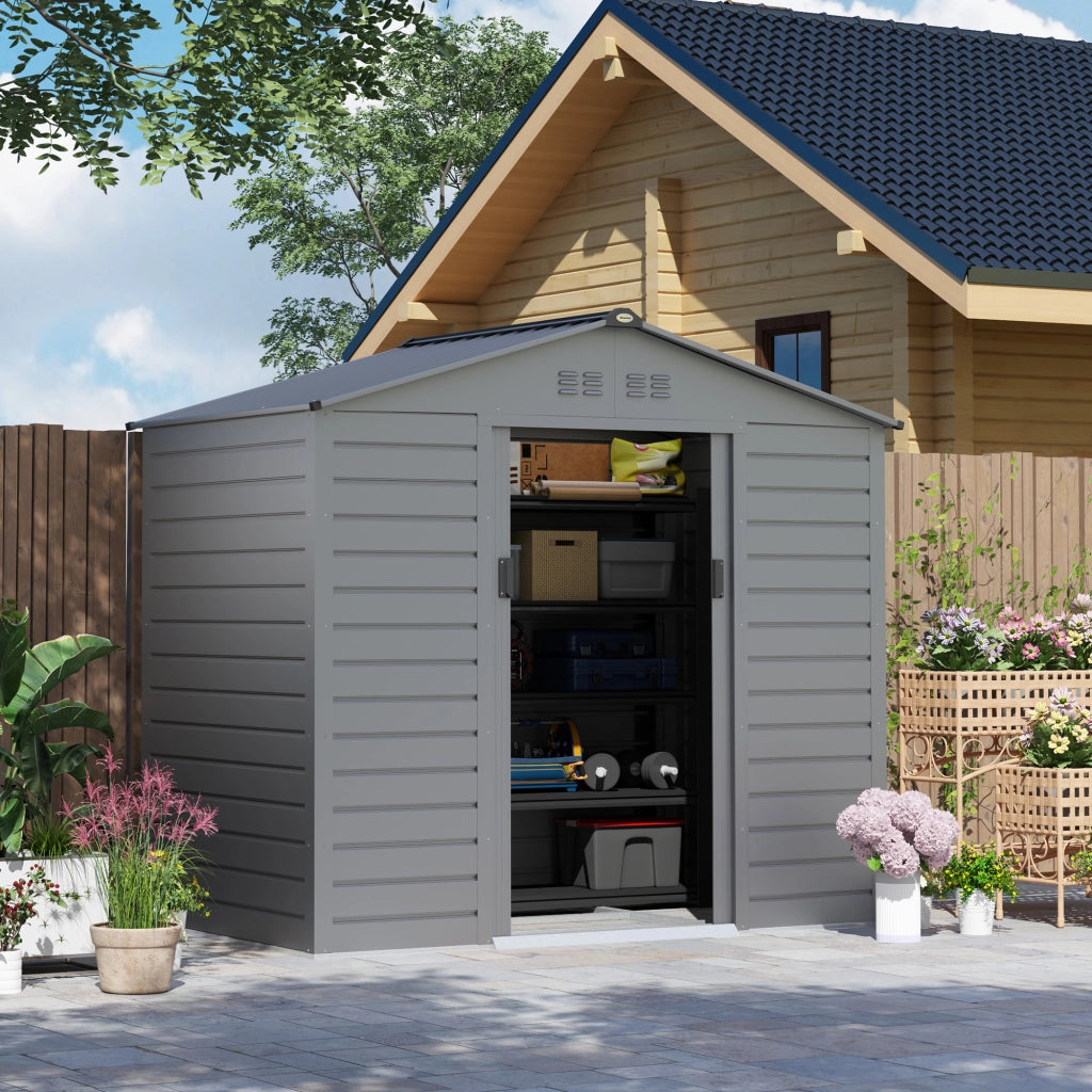 Casetta da giardino in acciaio zincato, 2,43 m2 (213 x 131 x 192 cm), con tetto a falde, porta scorrevole con serratura, resistente alle intemperie,