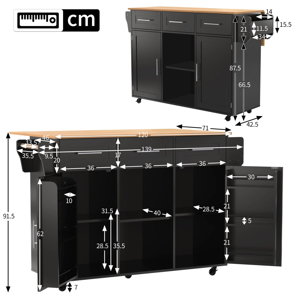 Carrello da cucina con 3 cassetti; 3 vani e piano ribaltabile con ripiani regolabili per cucina e sala da pranzo; 139×46×91.5 cm