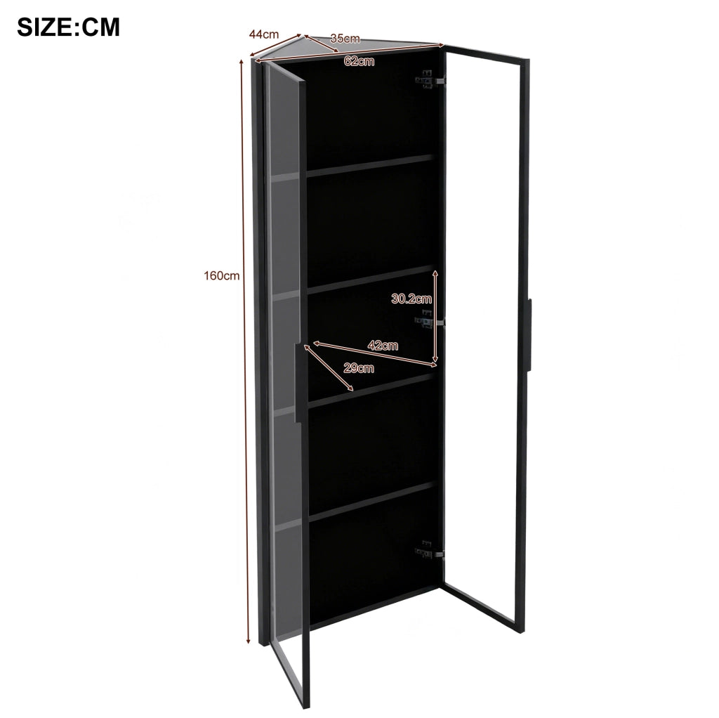 Vetrina angolare 62x35x160 cm con illuminazione LED integrata in MDF; vetro e alluminio nera