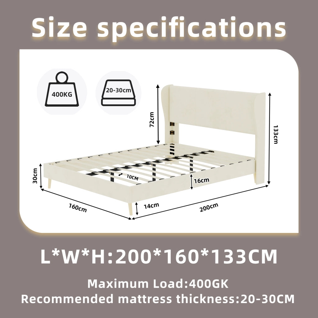 DESMIU Letto matrimoniale 160 × 200 cm 2 posti con testiera, senza materasso, in tessuto e metallo, beige