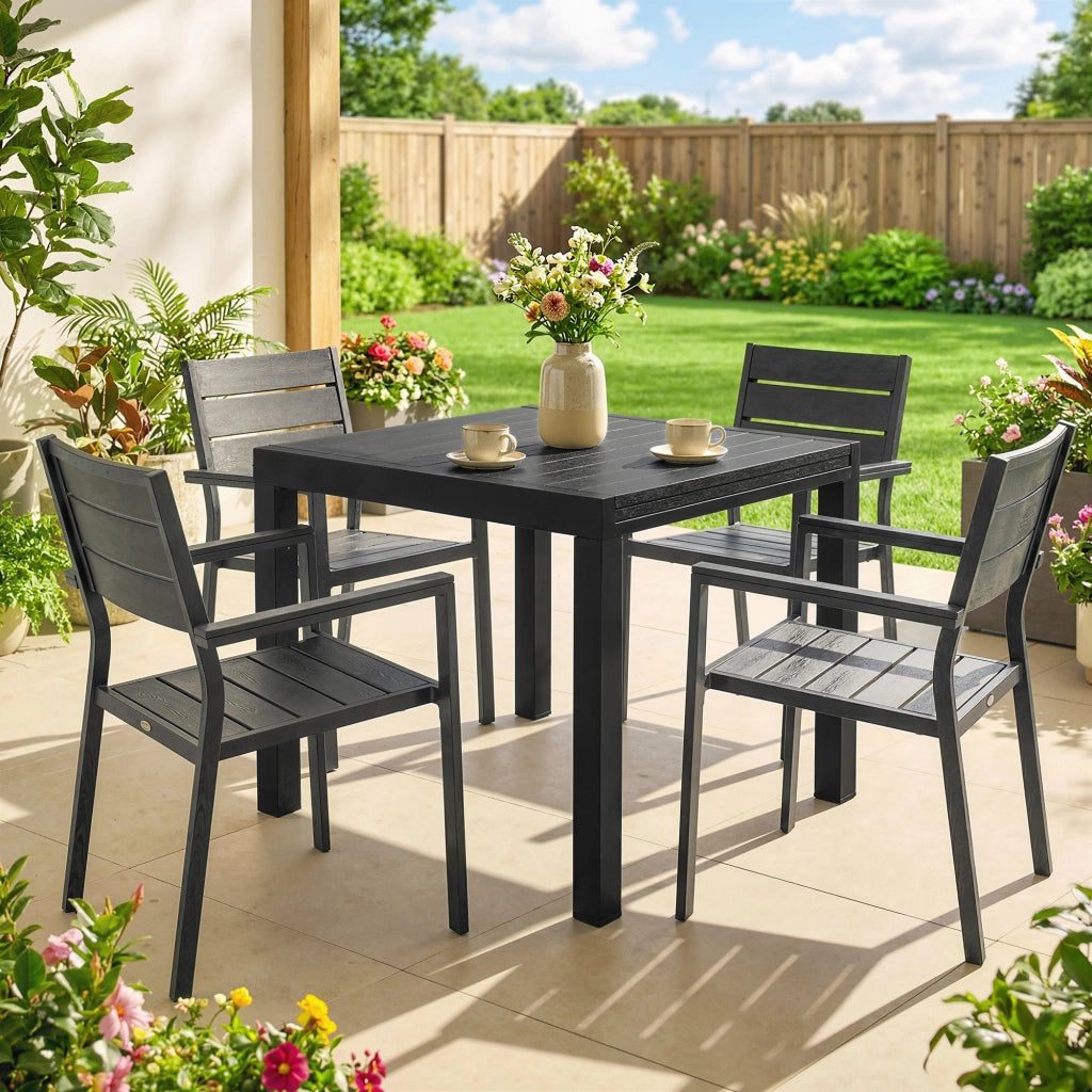 Tavolo da Giardino Allungabile per 4-6 Persone con Piano a Doghe, in Alluminio, 80/160x80x75 cm, Nero