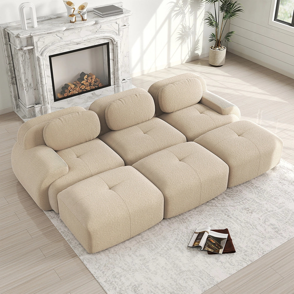 Set 3 posti + 3 pouf in velluto - Xylo - Braccioli XL, imbottitura 32D, home cinema, beige