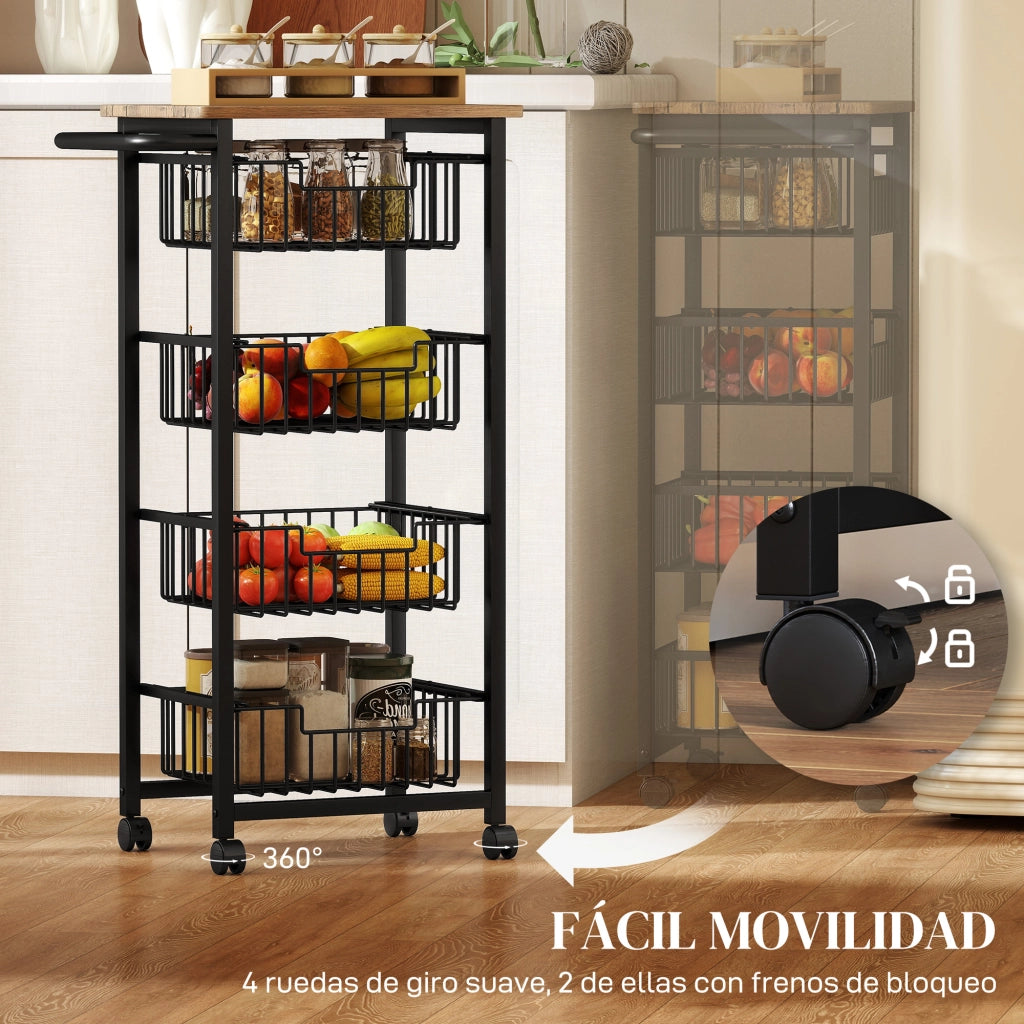 Carrello da Cucina con 4 Cestelli Scorrevoli ¨C Xylo ¨C Struttura in Acciaio 49,5x31x91 cm Rovere