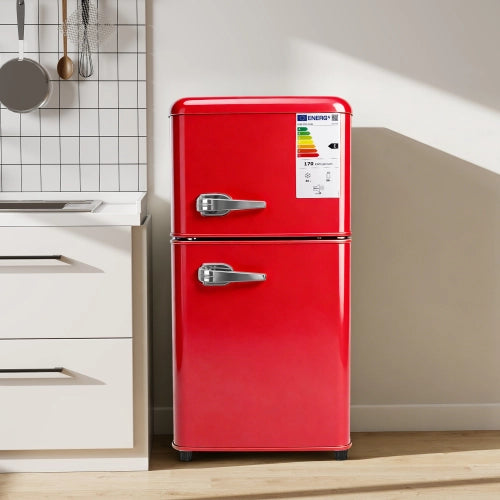 Frigorifero a doppia porta (86L) – controllo della temperatura a 7 livelli; classe di efficienza energetica E; luce a LED; ripiani regolabili e portauova – rosso