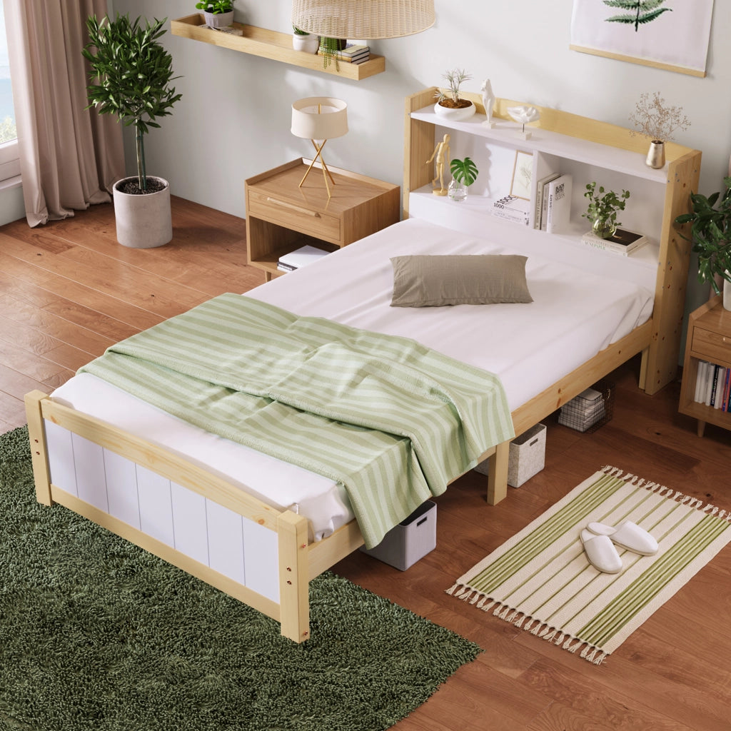 LETTO Singolo 90x200 cm in Legno Massello Bianco/Naturale con materasso incluso