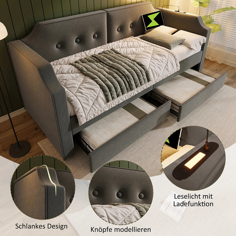 Letto a sedia con luce USB-C - Xylo - 90x200 cm - Grigio - 2 cassetti