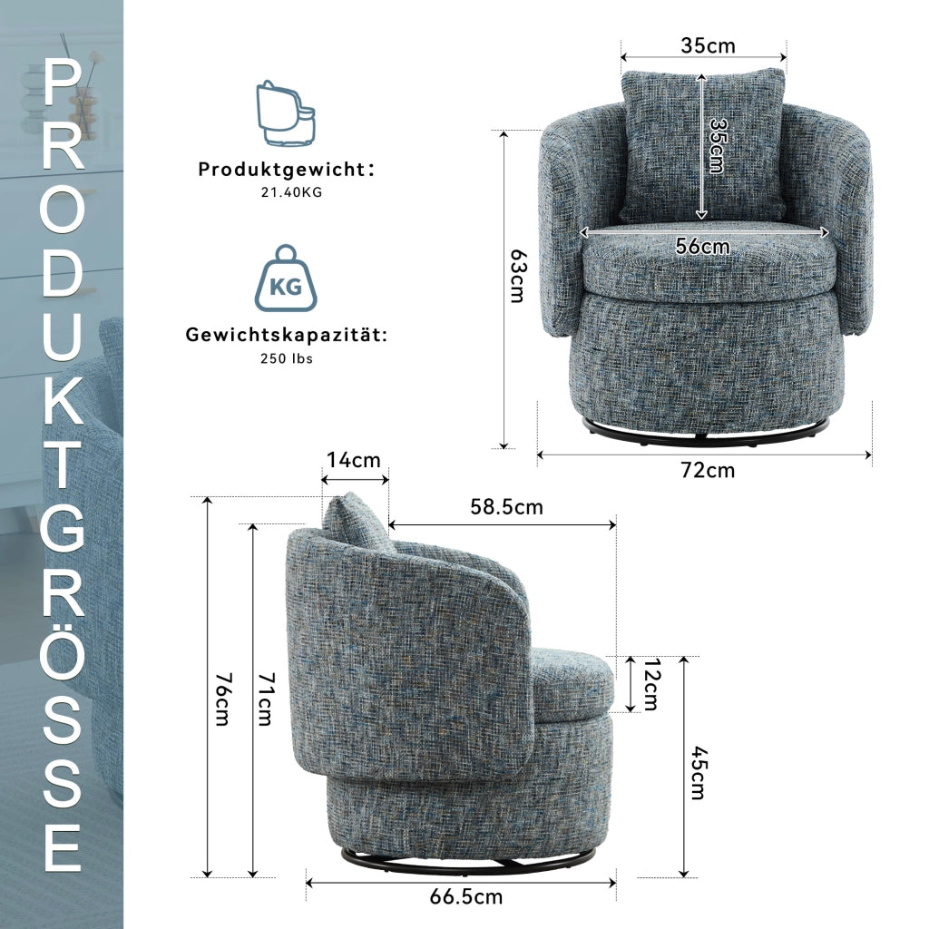 Poltrona girevole 360° con contenitore e cuscino schienale in ciniglia blu per soggiorno e camera da lettura