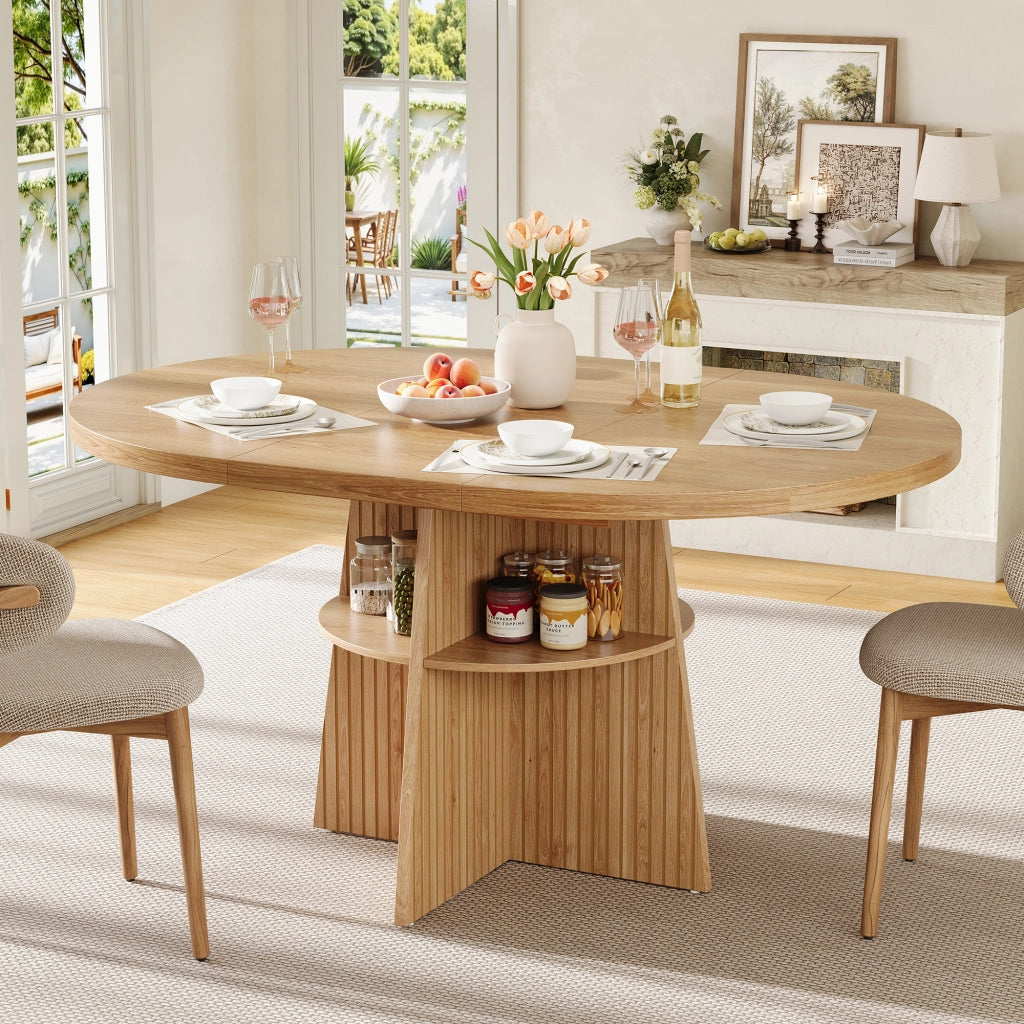 Tavolo da pranzo rotondo allungabile 110-150x110x77,5 cm, design moderno effetto legno naturale