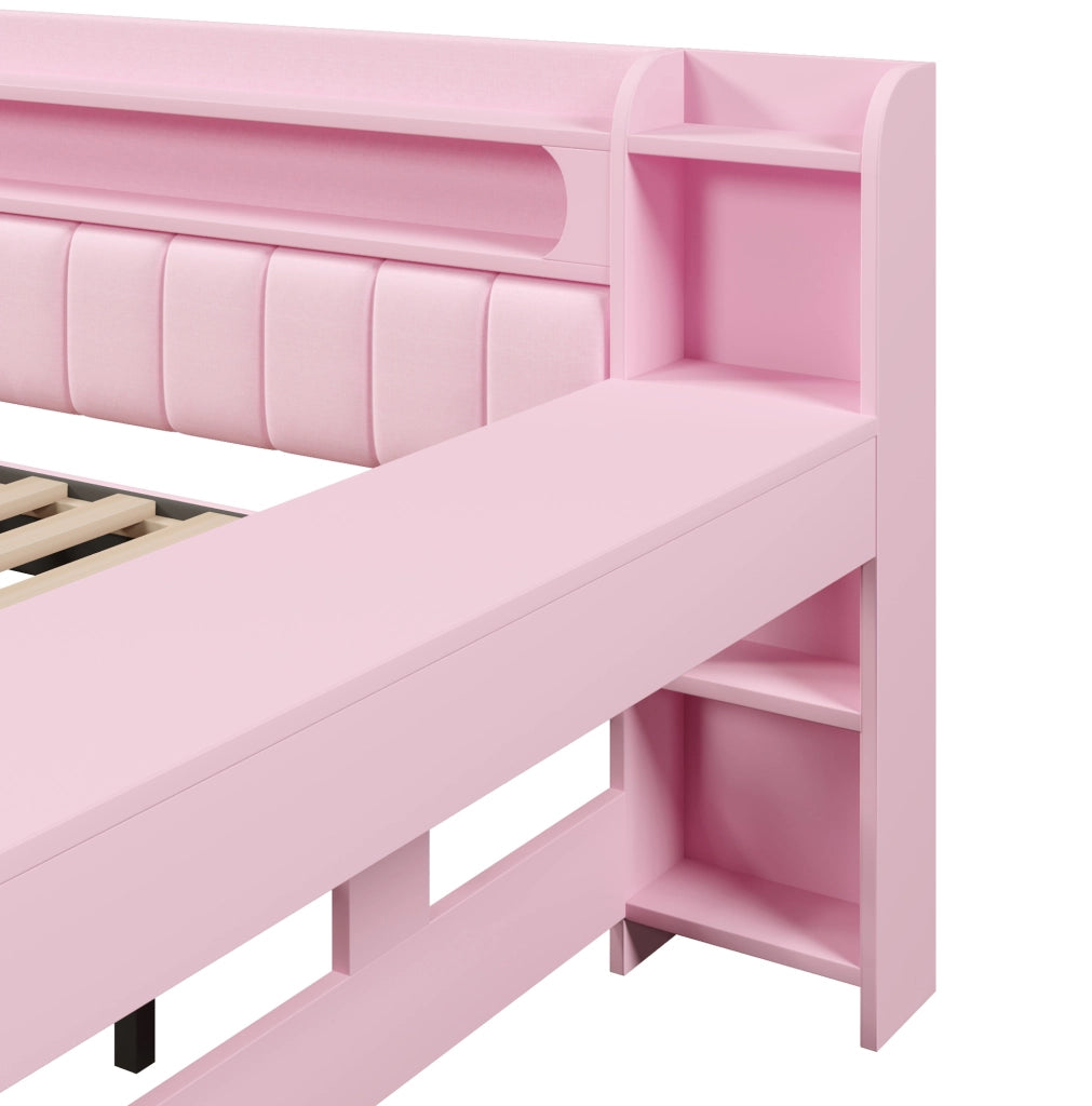 Letto a soppalco imbottito 140x200 cm rosa con LED; USB; letto estraibile e scrivania