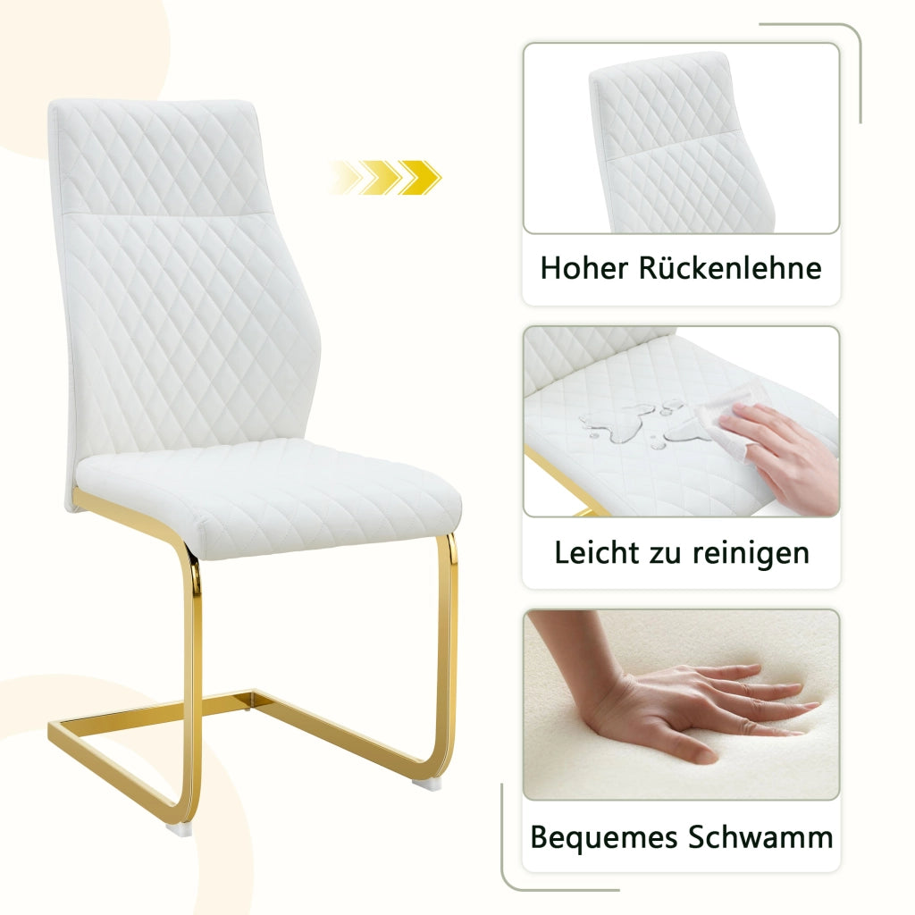 Sedia da Pranzo Set da 2 con Schienale Alto Ergonomico e Seduta Imbottita in PU Bianco e Metallo Dorato