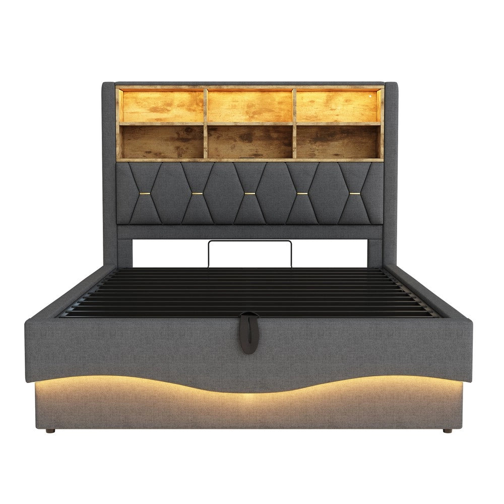 Letto Contenitore Imbottito 140x200 ¨C MINIMAL ¨C Grigio, LED, USB, Idraulico, Metallo