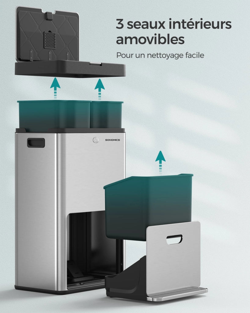 Pattumiera da cucina con capacità di 2 x 17 litri e 26 litri 3 scomparti per rifiuti domestici rifiuti alimentari e materiali riciclabili filtro al carbone pedale larga argento 12_0007244