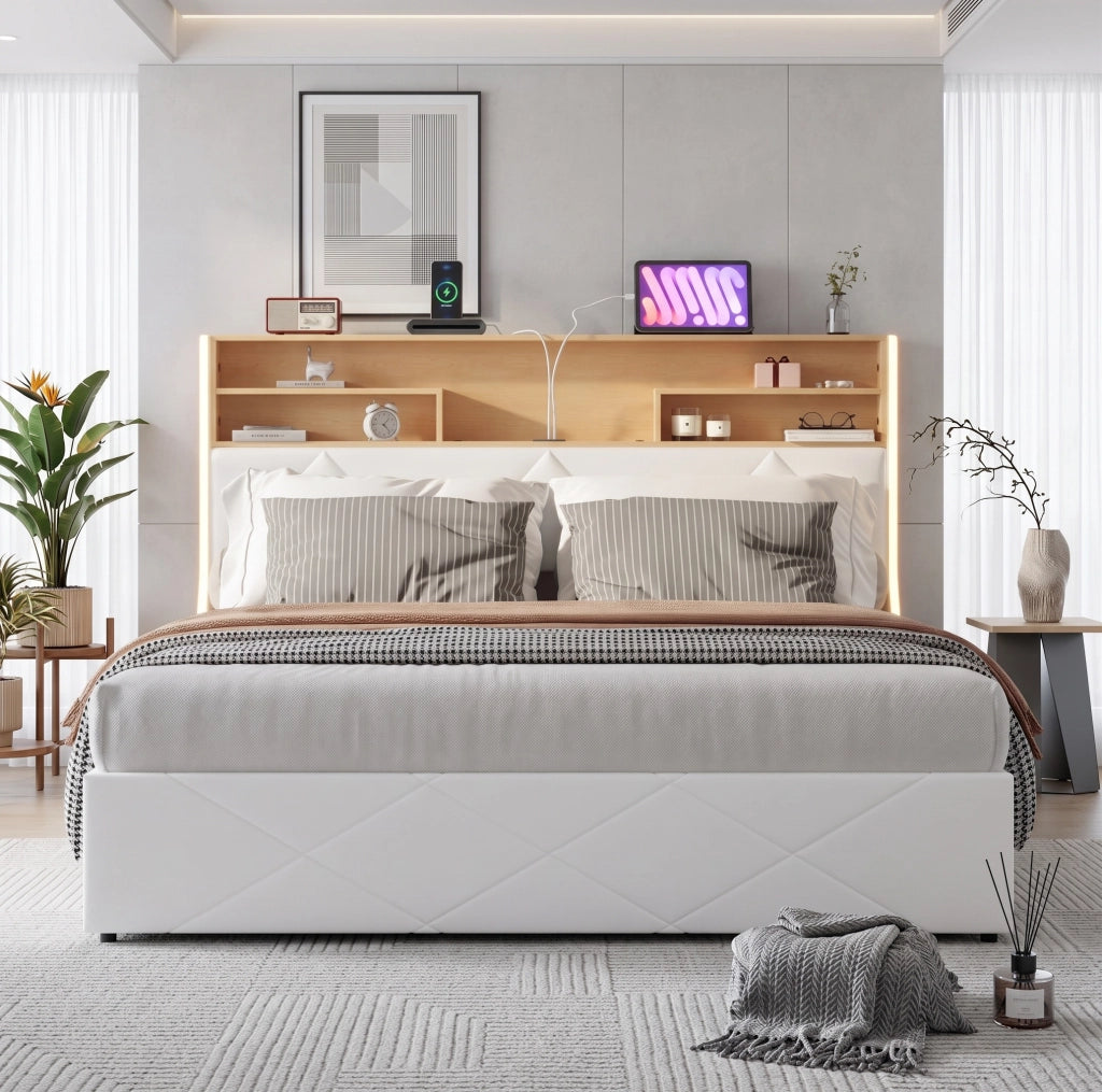 Letto matrimoniale 140x200 cm con contenitore LED USB Type-C testiera rete a doghe struttura letto metallo legno PU -bianco