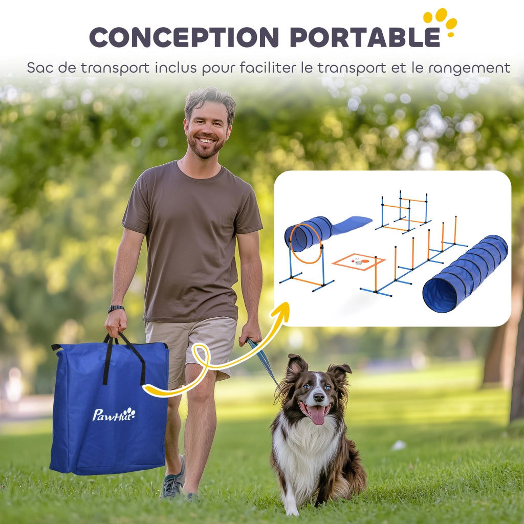 Set Agility per Cani 11 Pezzi ¨C Xylo ¨C con 2 Tunnel, Ostacoli Regolabili, Arancione e Blu