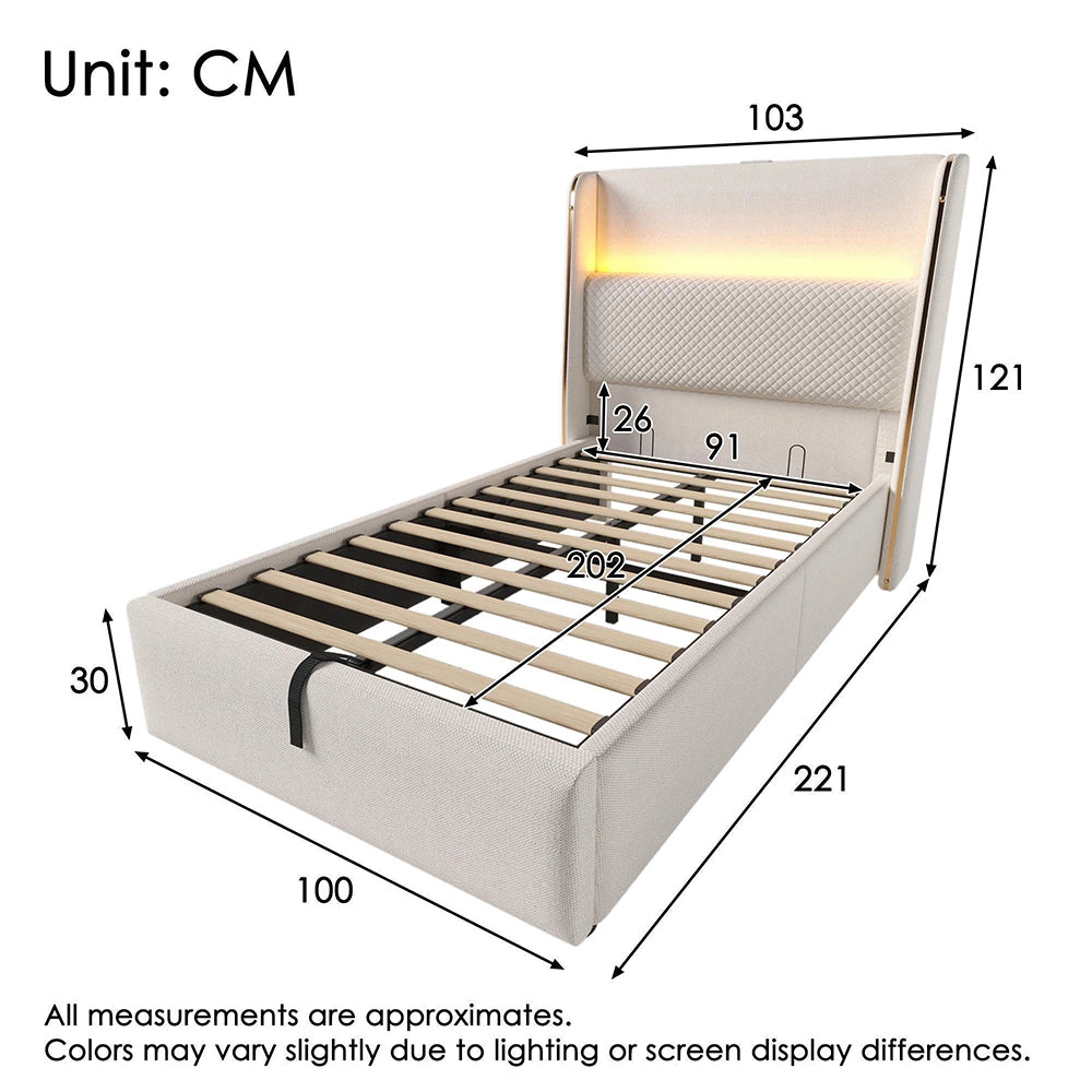 Letto 90x200cm?- Xylo - idraulico LED USB lino beige