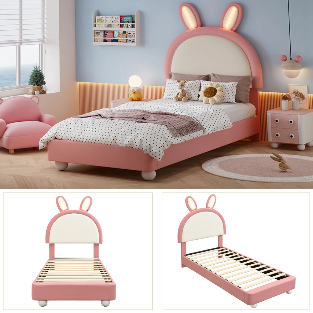 LETTO imbottito 90x200 cm in PU Rosa con testiera a forma di coniglio e LED