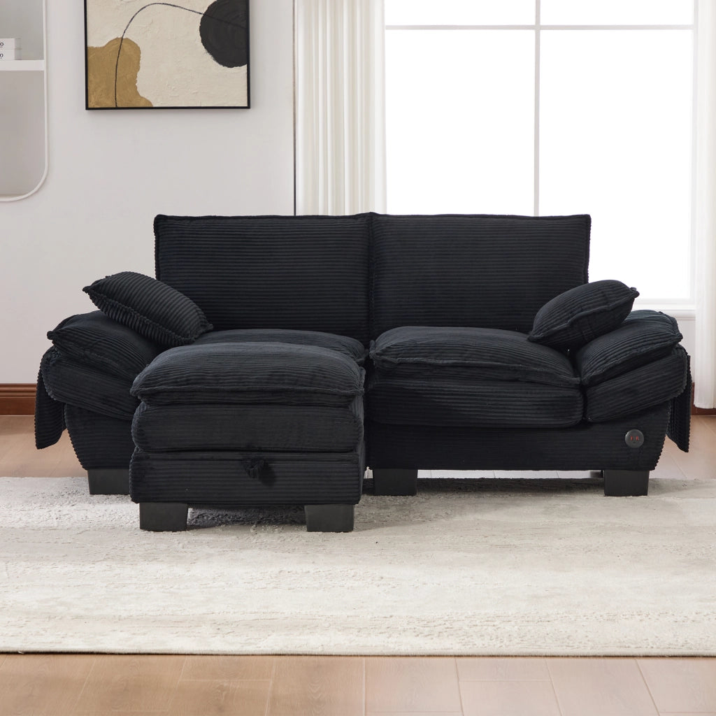 Divano modulare 2 posti - con pouf; USB-C e tasche laterali - in corduroy nero