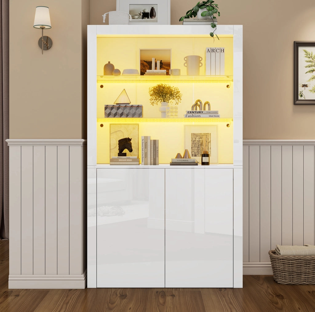 Vetrina 100x35x170 cm con LED e ripiani in vetro temperato; MDF bianco