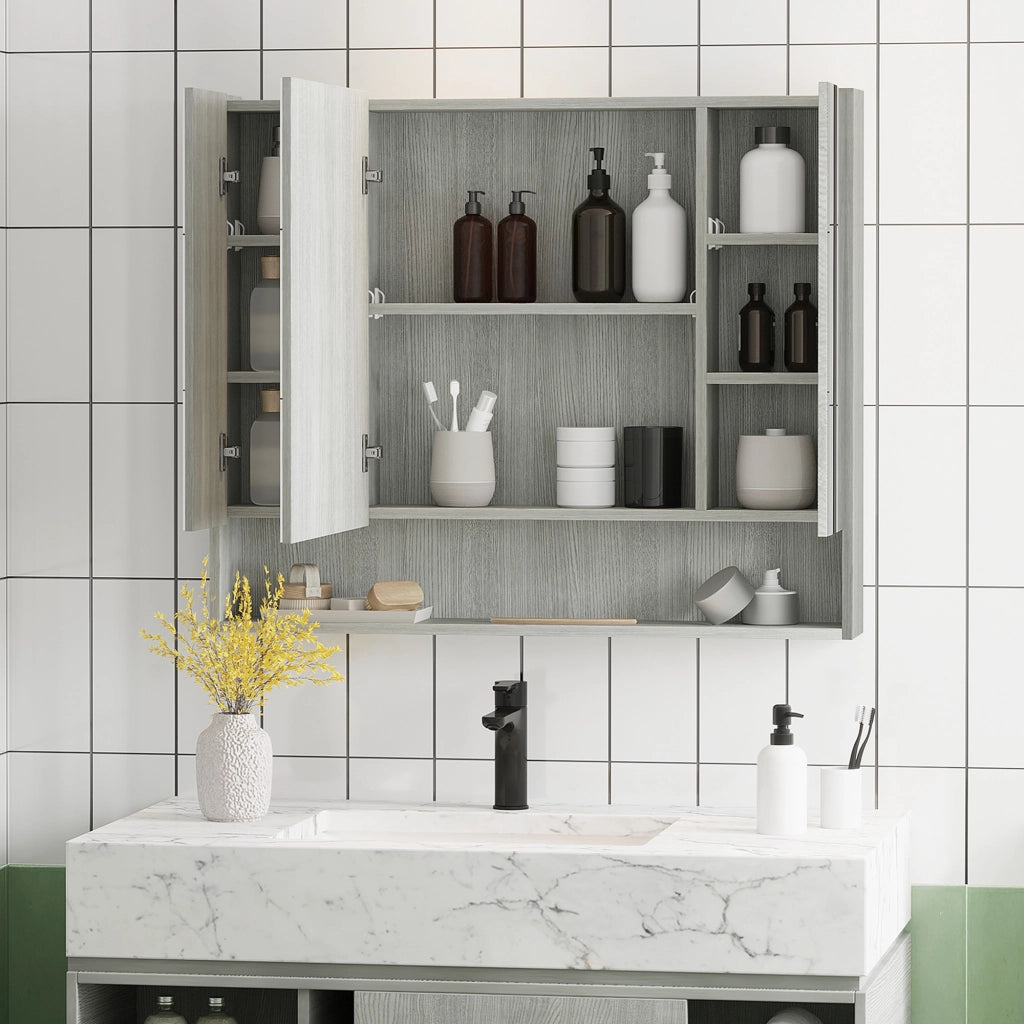 Armadio da bagno con specchio 3 ante ¨C zephmum ¨C grigio 90x15x75cm