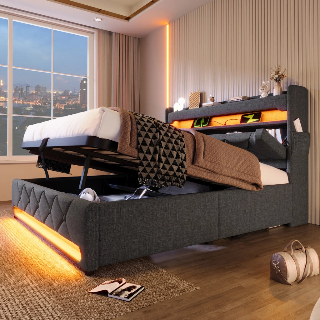 LETTO Matrimoniale 140x200 cm con LED, USB e Type-C, Grigio, Lino
