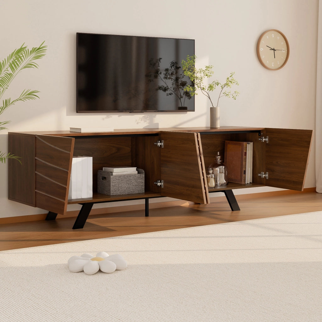 Mobile Porta TV Noce 160 cm con Frontale Ondulato e Gambe in Ferro Nero per Soggiorno