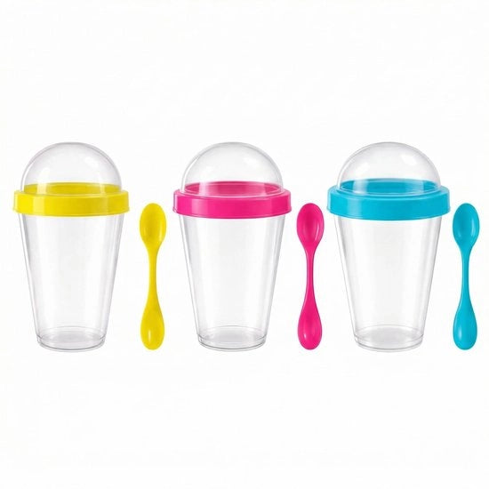 Set di 3 contenitori per yogurt da asporto con coperchio a viti, contenitore supplementare per cibi aggiuntivi, 14,5 x 8 cm, con cucchiaio incluso, contenitore per snack