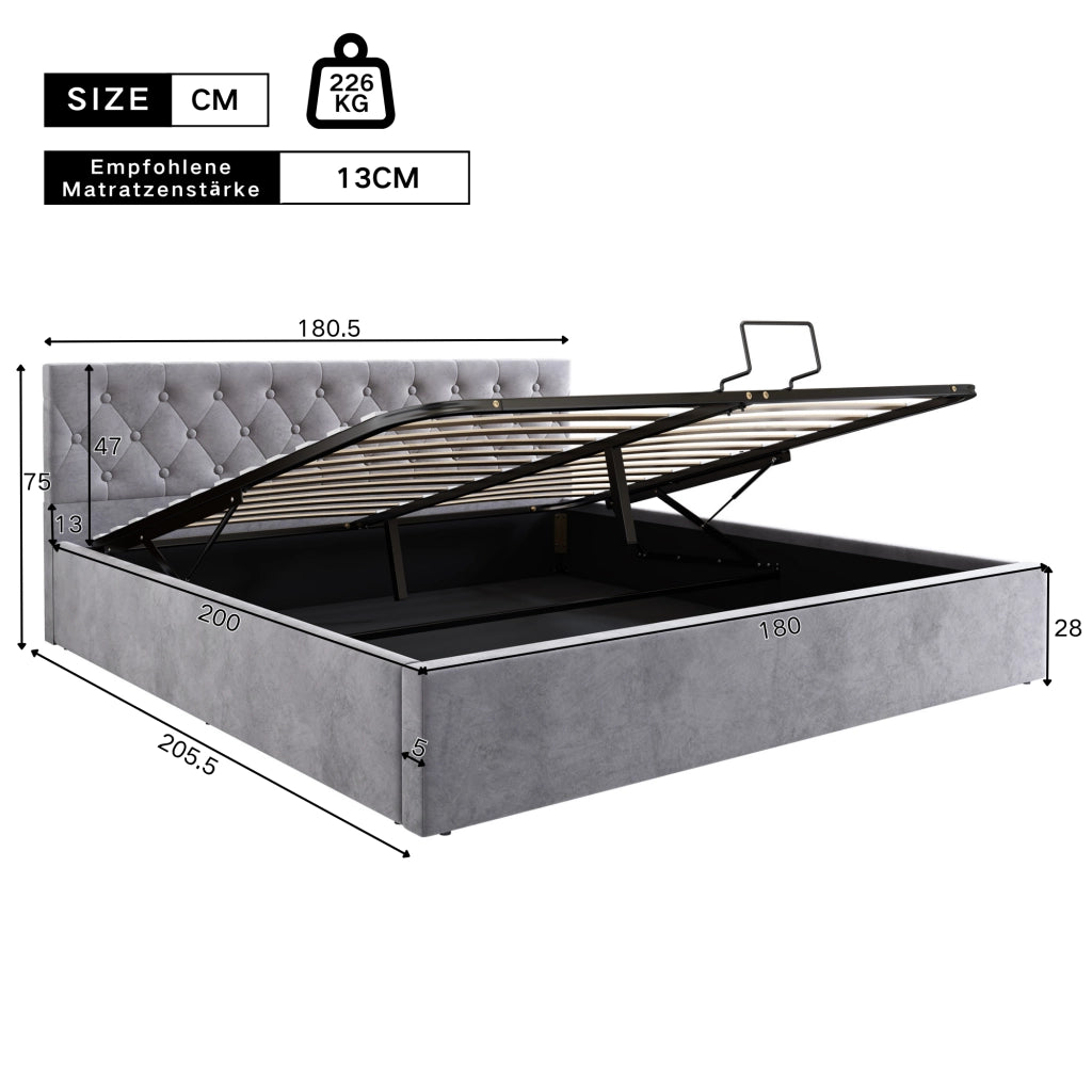 Letto matrimoniale imbottito in velluto grigio 180x200 cm con testiera trapuntata, rete a doghe e contenitore idraulico