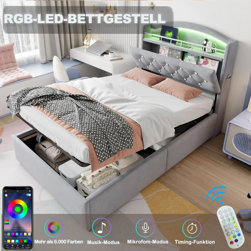 LETTO imbottito 90x200 cm in velluto grigio con contenitore, LED, USB e Type-C