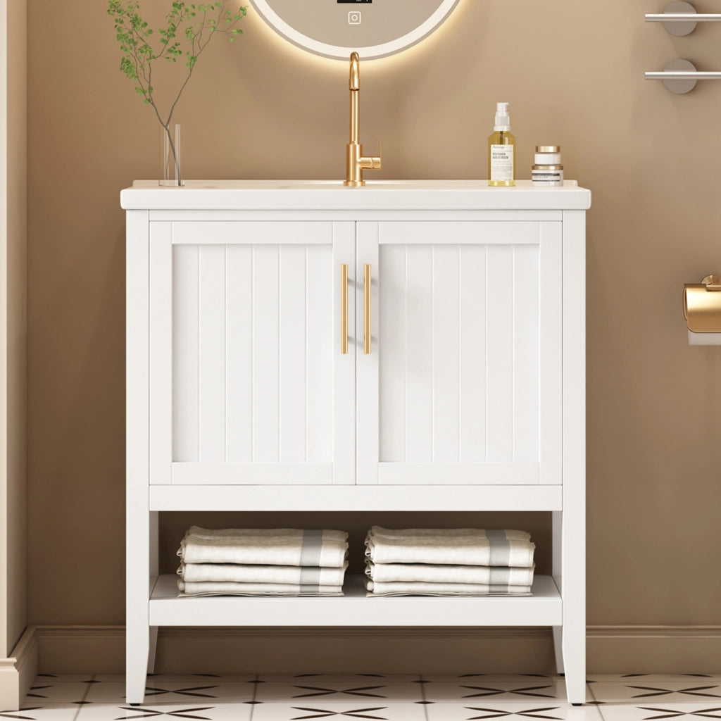LAVABO DA BAGNO con mobiletto, ceramica bianca e MDF, Set 2 pezzi