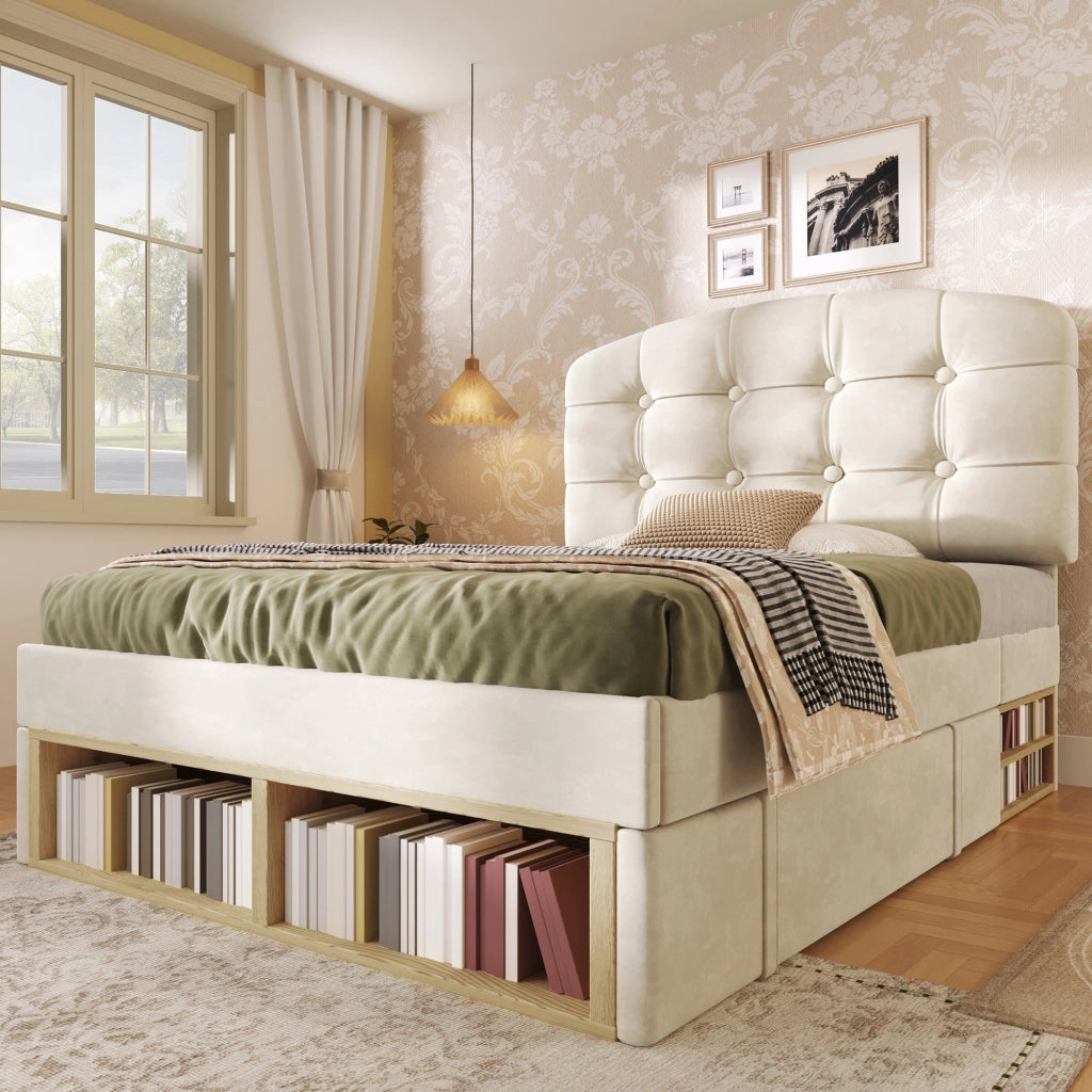 Letto Singolo Imbottito con Cassetti ¨C MINIMAL ¨C Velluto Beige, Testiera Regolabile, 90x200