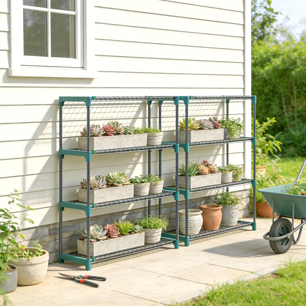Set di 2 Scaffali per Piante a 4 Livelli in Acciaio con Ganci, 90x28x104 cm, Verde