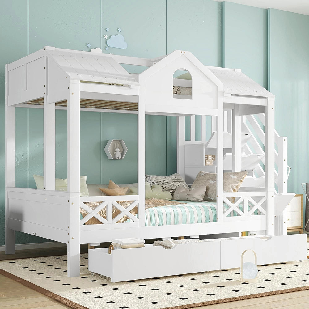 Letto a castello-Xylo-90/140x200cm 2 cassetti armadio 4 scomparti pino+MDF